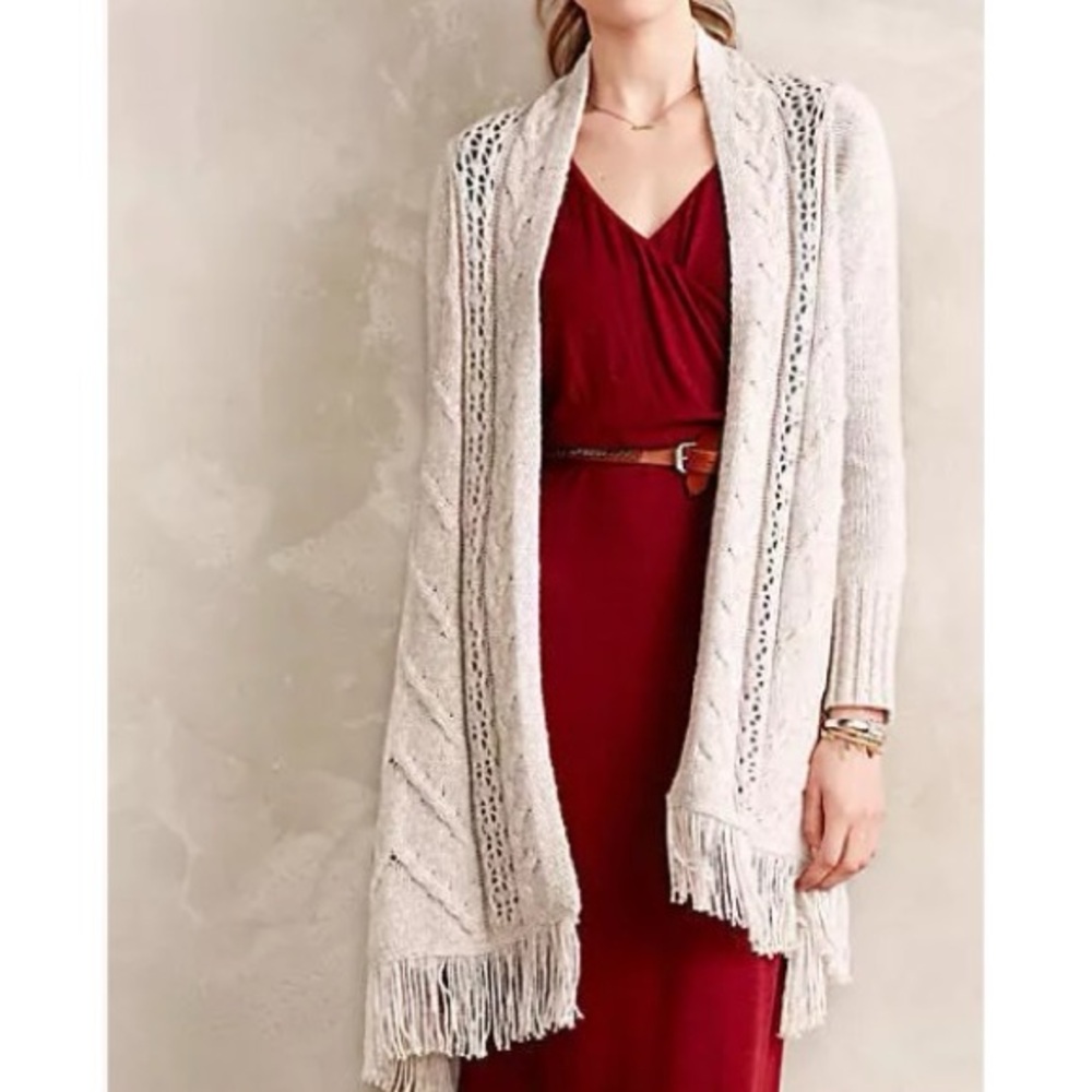 Anthropologie Angel Of The North Cream Beige Wool Fringe Long Cardigan Sweater